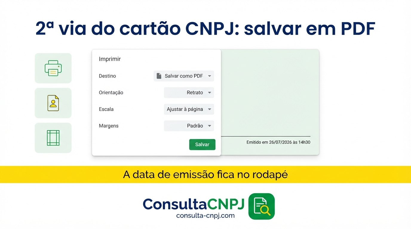 2 via cartão CNPJ salva em PDF com ajuste à página, orientação retrato e a data e hora de emissão preservadas no rodapé