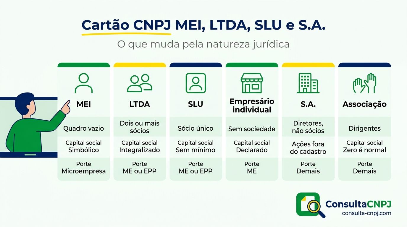 O que muda no cartão CNPJ MEI e nos demais tipos societários - LTDA, SLU, empresário individual, sociedade anônima e associação - pela natureza jurídica