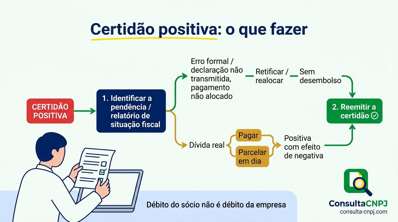 Fluxo de decisão mostrando os caminhos após uma certidão positiva: identificar a pendência, pagar, parcelar ou contestar