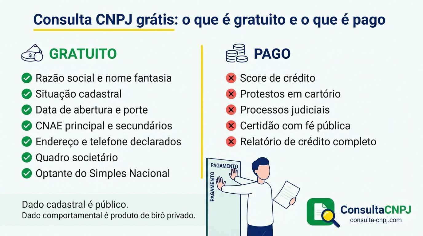 Consulta CNPJ grátis: dados cadastrais como razão social, situação cadastral, CNAE e quadro societário são gratuitos, enquanto score de crédito e protestos são pagos