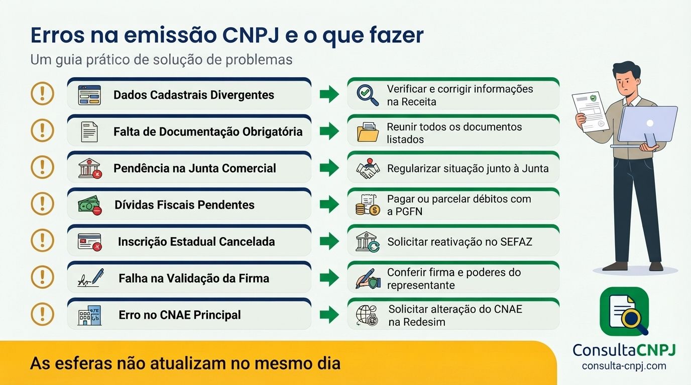 Erros mais comuns na emissão do comprovante do CNPJ e suas soluções: captcha, sistema fora do ar, PDF cortado e CNPJ não encontrado
