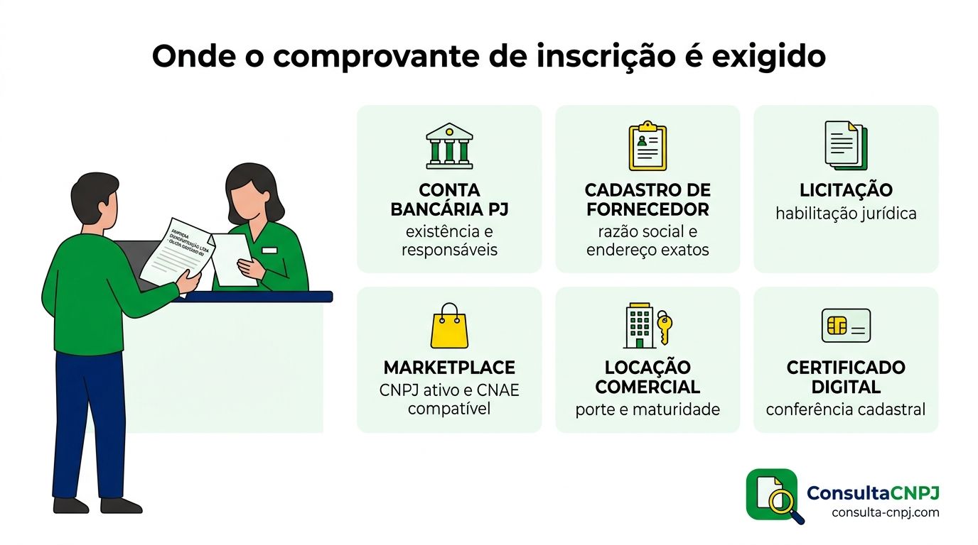 Situações em que o comprovante de inscrição do CNPJ é exigido: conta bancária PJ, cadastro de fornecedor, licitação, marketplace e locação comercial