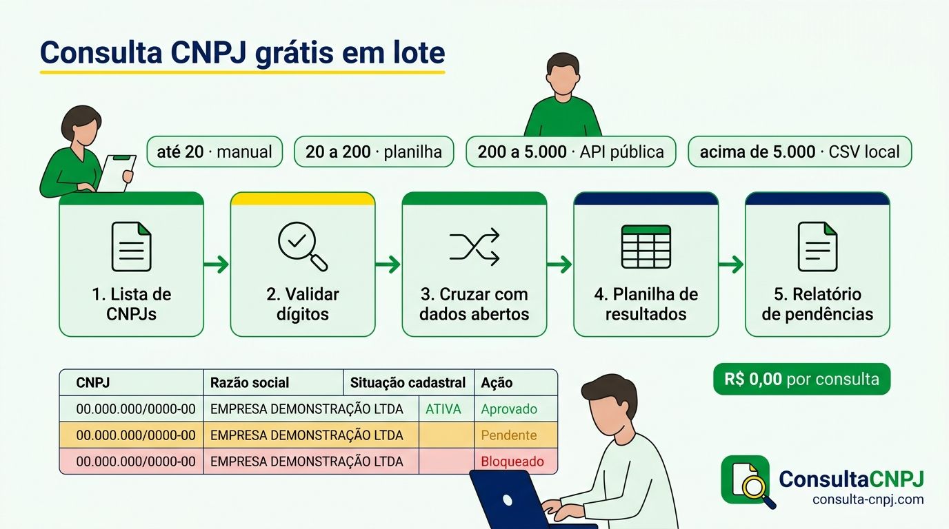 Fluxo de consulta CNPJ grátis em lote usando planilha e base de dados abertos para verificar centenas de fornecedores sem custo
