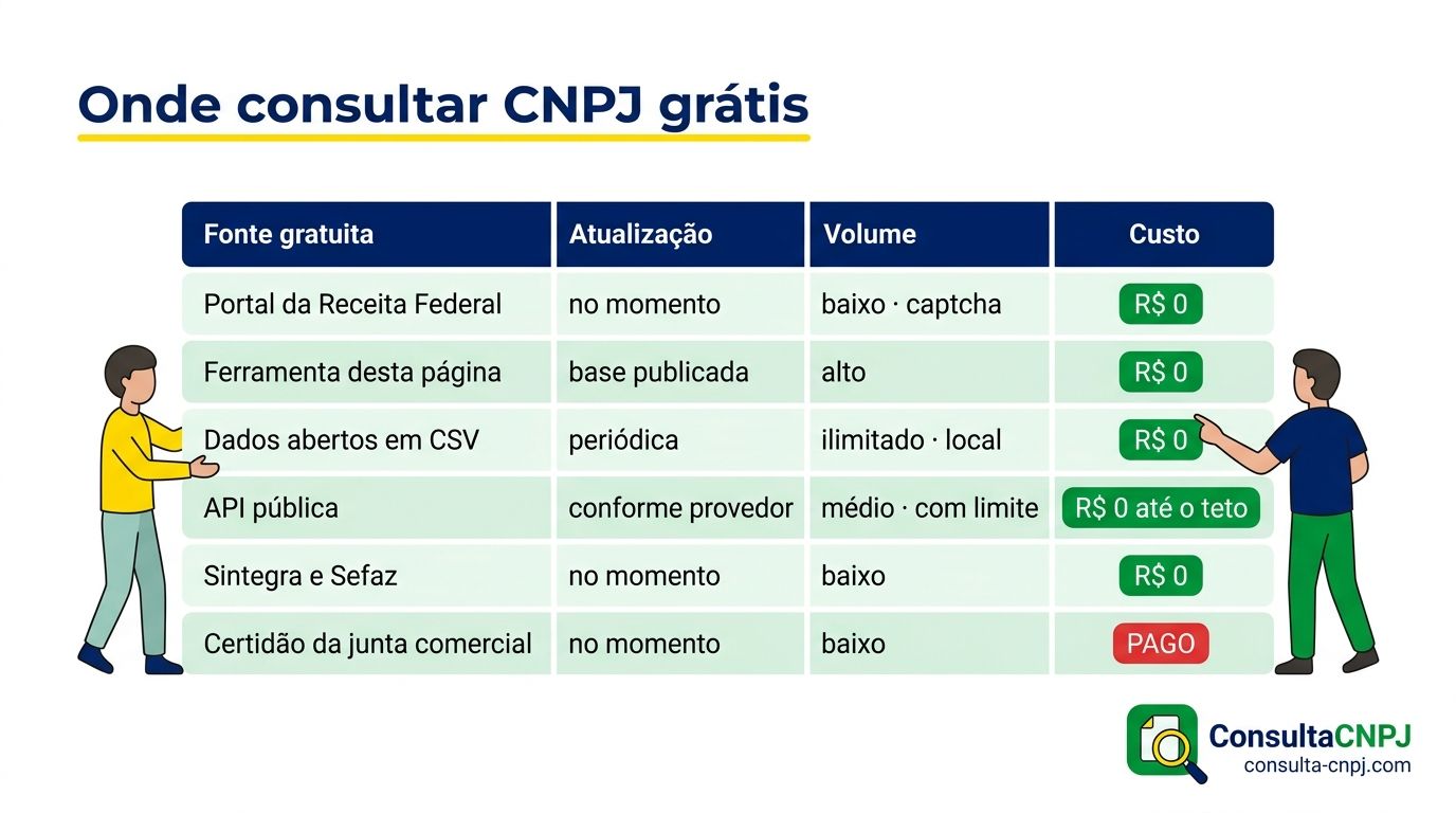 Mapa das fontes de consulta CNPJ grátis: portal da Receita Federal, dados abertos, Simples Nacional, juntas comerciais, portais de transparência e APIs públicas