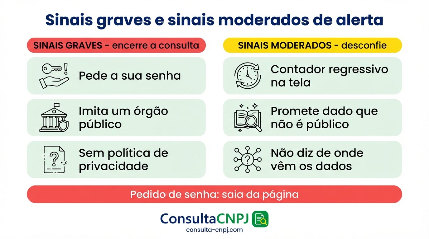 Sinais de alerta em sites que prometem consulta CNPJ grátis - graves: pedido de senha, imitação de órgão público e ausência de política de privacidade; moderados: contador regressivo na tela, promessa de dado que não é público e origem dos dados não informada