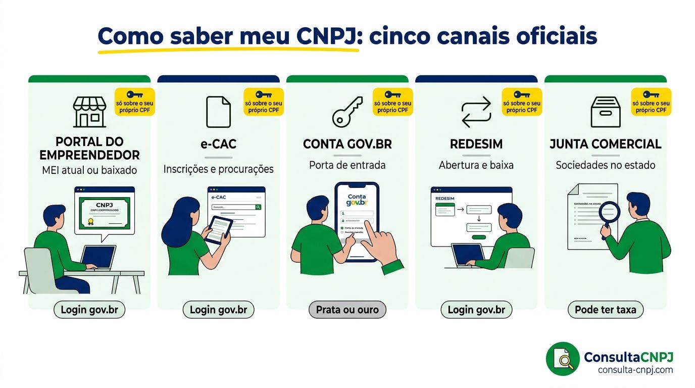 Cinco canais oficiais para descobrir o CNPJ vinculado ao CPF: Portal do Empreendedor, e-CAC, conta gov.br, REDESIM e Junta Comercial