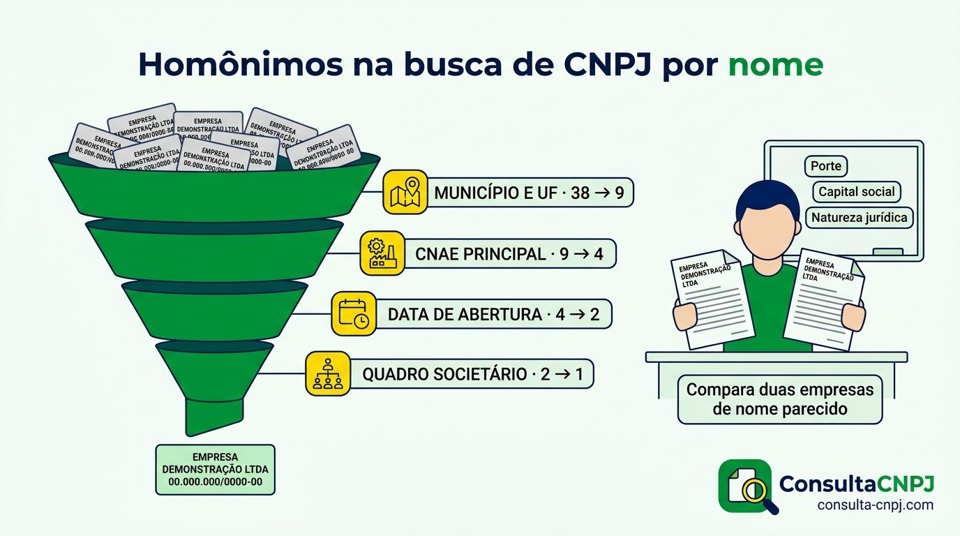 Funil de filtros para distinguir homônimos na busca de CNPJ pelo nome usando município, CNAE, data de abertura e sócios