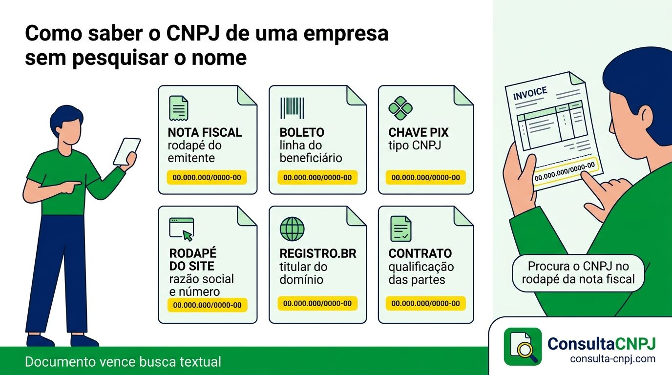 Locais onde o CNPJ de uma empresa aparece: rodapé do site, nota fiscal, boleto, contrato, registro de domínio e embalagem