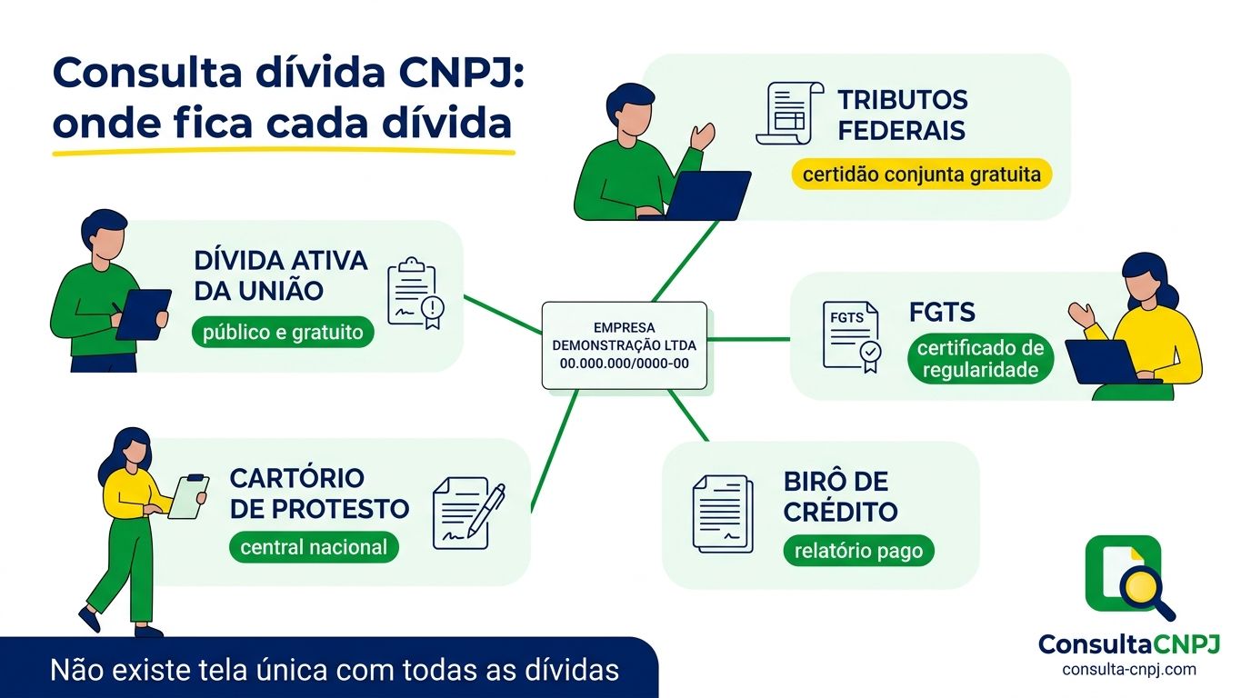 Mapa das bases que registram dívidas de um CNPJ: PGFN, Receita Federal, FGTS, cartórios de protesto e birôs de crédito privados