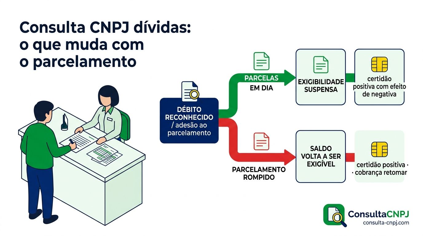 Efeito de um parcelamento em dia sobre a certidão de um CNPJ e o que acontece quando o acordo é rompido
