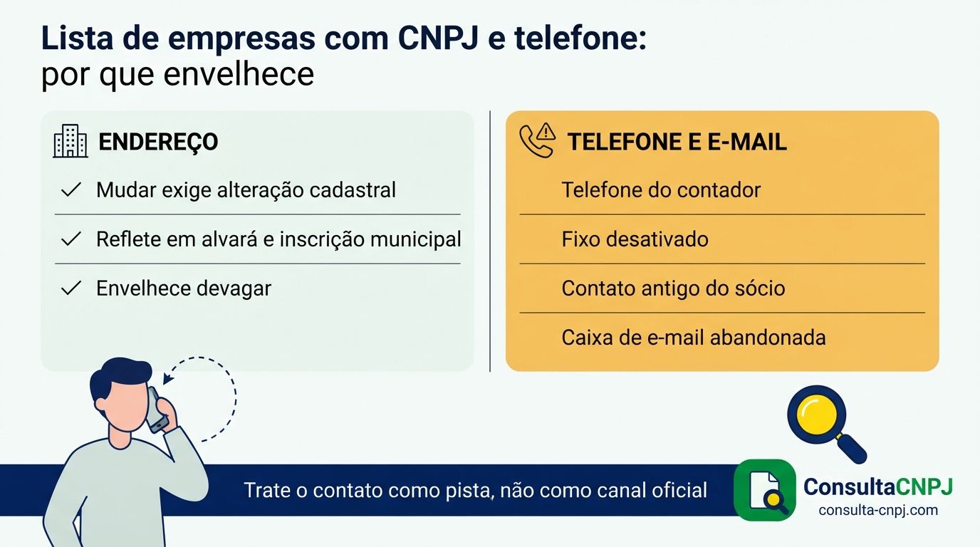 Comparação entre o telefone declarado no CNPJ, que ninguém é obrigado a atualizar, e o endereço, que exige alteração cadastral formal