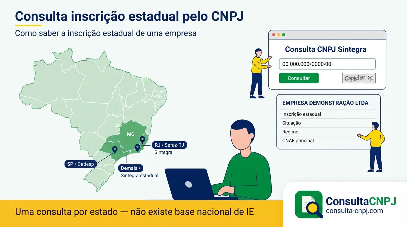 Mapa do Brasil indicando que a consulta de inscrição estadual pelo CNPJ é feita no Sintegra ou no portal da Sefaz de cada estado