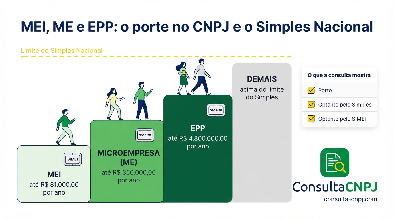 Porte no CNPJ e Simples Nacional: MEI com receita até R$ 81.000,00 no SIMEI, microempresa até R$ 360.000,00, empresa de pequeno porte até R$ 4.800.000,00 e DEMAIS acima do limite do Simples