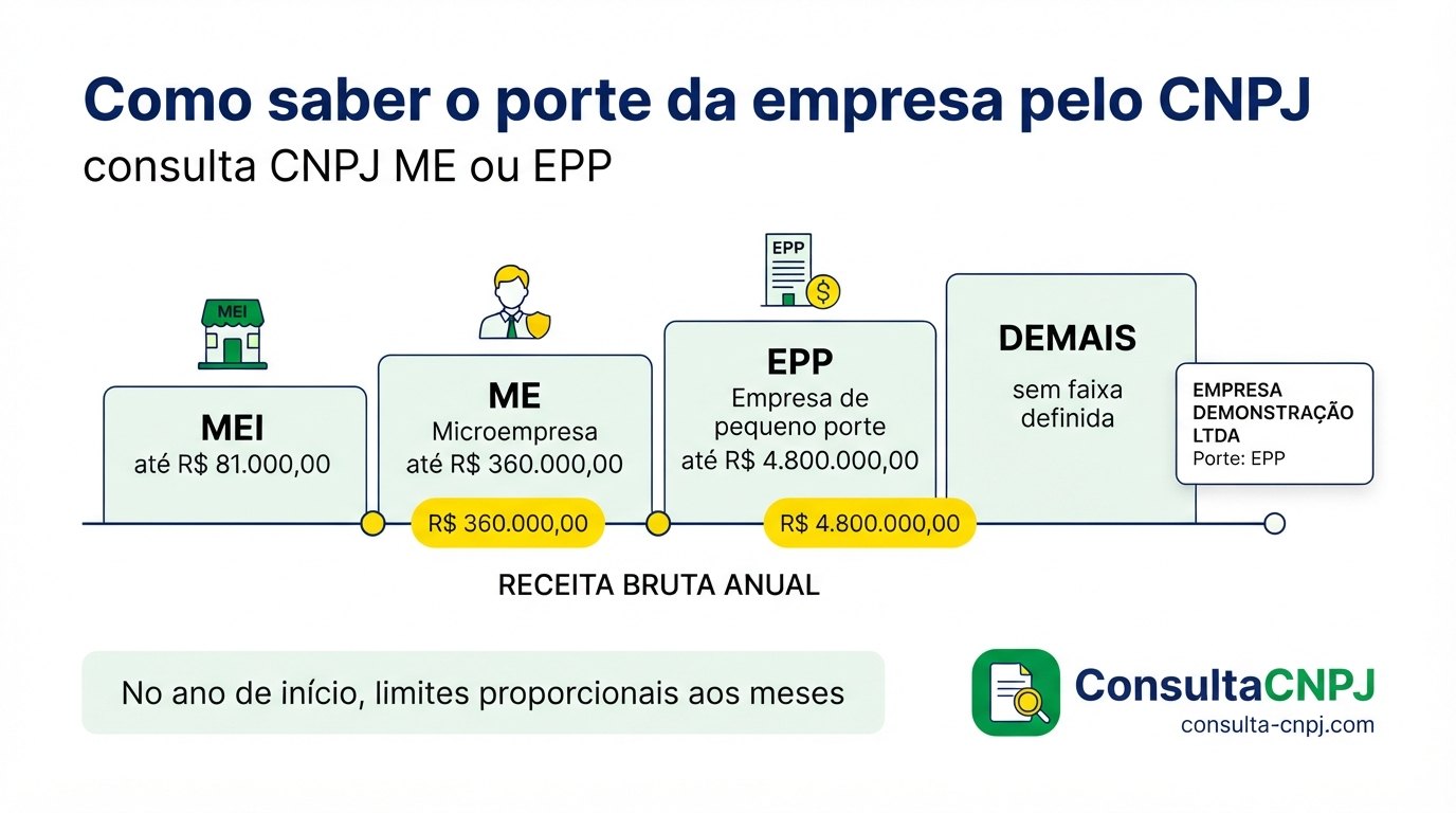 Como saber o porte da empresa pelo CNPJ: régua de receita bruta anual com MEI até R$ 81.000,00, microempresa até R$ 360.000,00, empresa de pequeno porte até R$ 4.800.000,00 e DEMAIS sem faixa definida