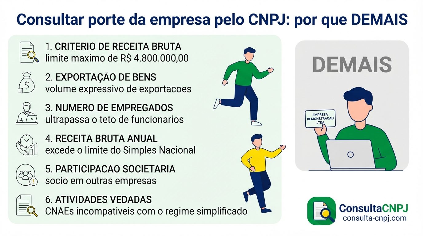 Seis motivos que levam uma empresa ao porte DEMAIS no CNPJ, entre eles natureza jurídica incompatível, sócio pessoa jurídica e falta de pedido de enquadramento