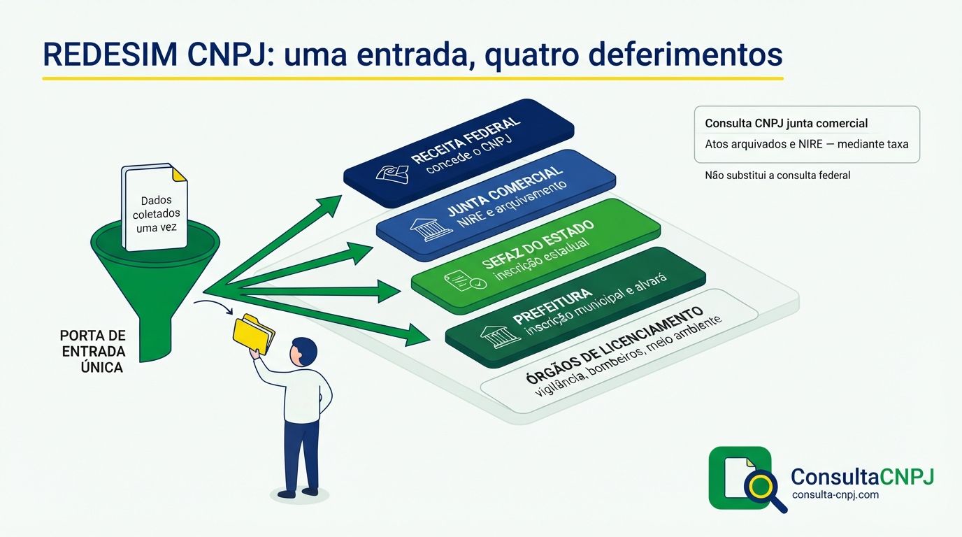 Esquema em camadas mostrando como a REDESIM conecta Receita Federal, junta comercial, Sefaz estadual e prefeitura num único processo