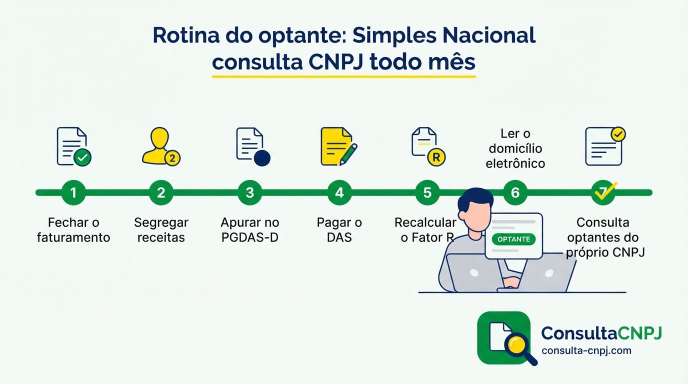 Rotina mensal do optante pelo Simples Nacional com fechamento do faturamento, apuração no PGDAS-D, pagamento do DAS, recálculo do Fator R e consulta optantes do próprio CNPJ