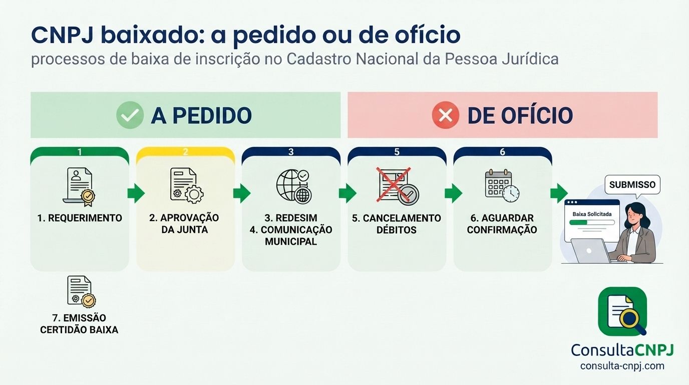 Diferença entre baixa a pedido e baixa de ofício do CNPJ e as sete etapas do encerramento formal, da quitação de débitos ao comprovante com status baixada