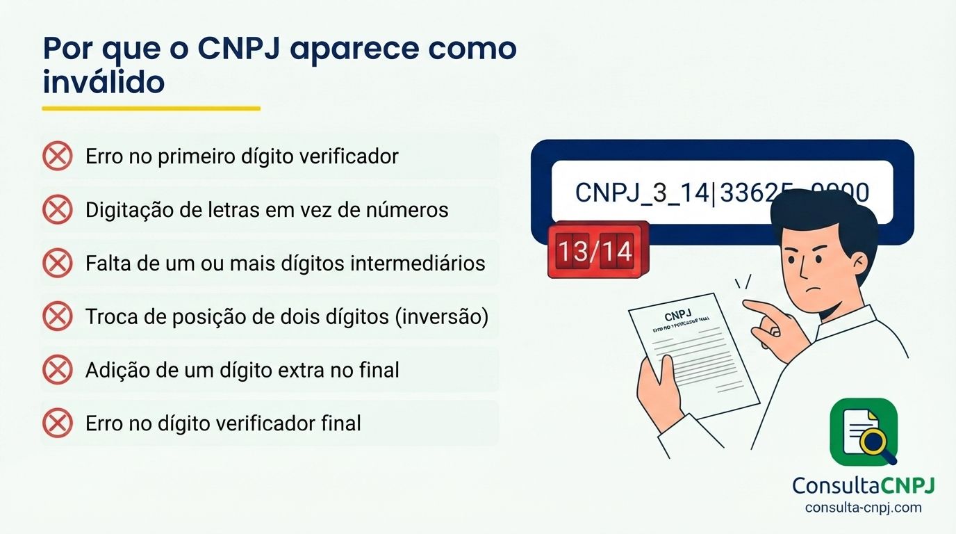 Erros comuns de digitação que invalidam o CNPJ: transposição de dígitos, caractere faltando, caractere sobrando, zero confundido com a letra O, espaço invisível e uso do CPF